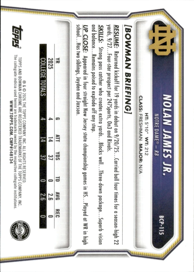 Nolan James Jr. card back