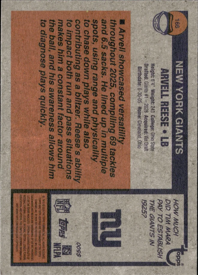 Arvell Reese card back