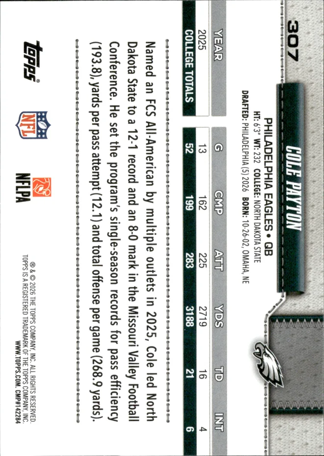 Cole Payton card back