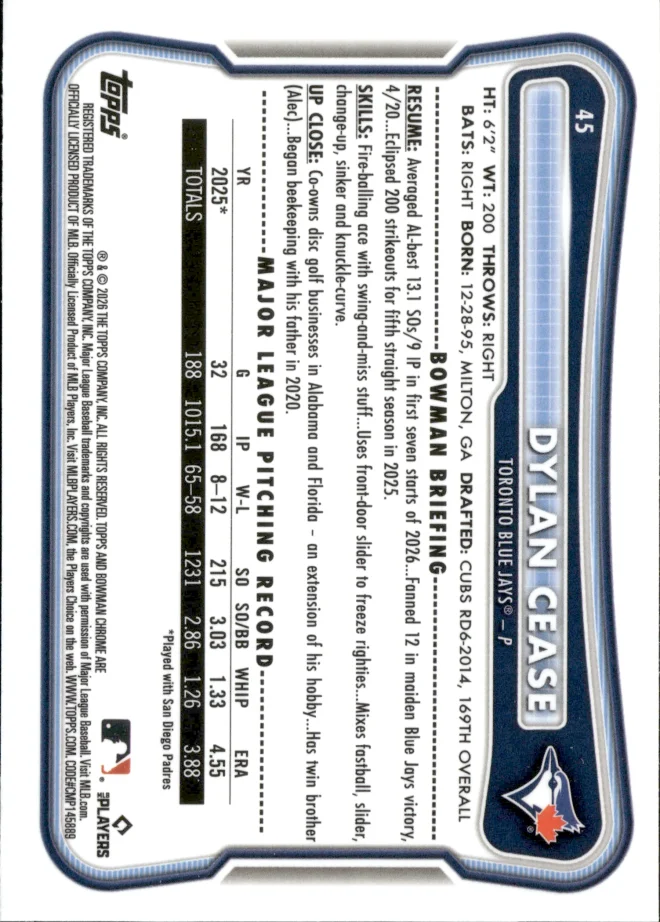 Dylan Cease card back
