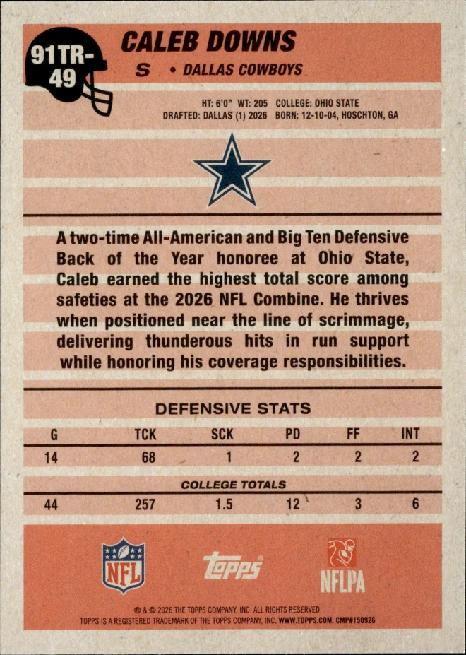 Caleb Downs card back