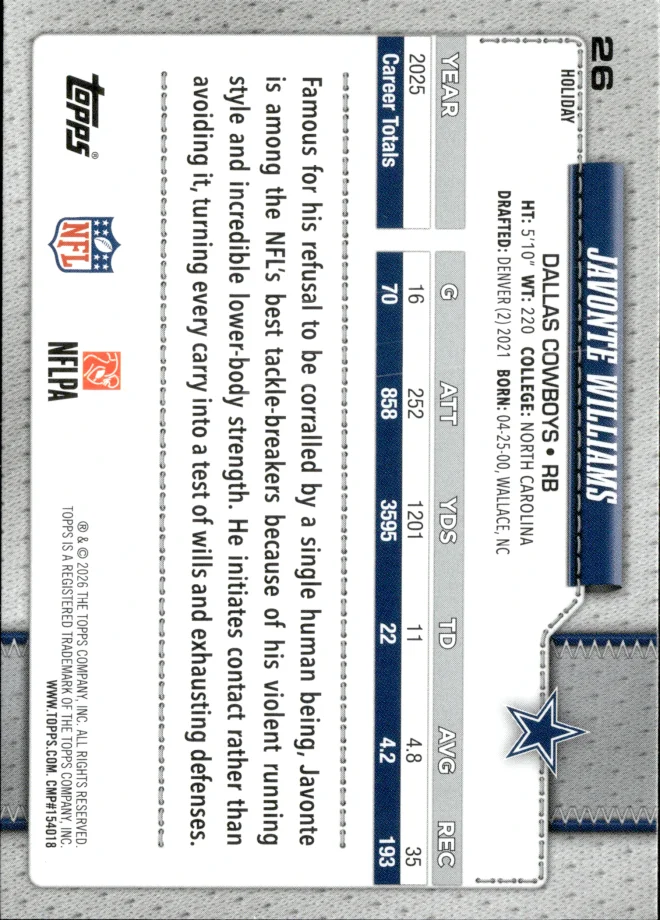 Javonte Williams card back