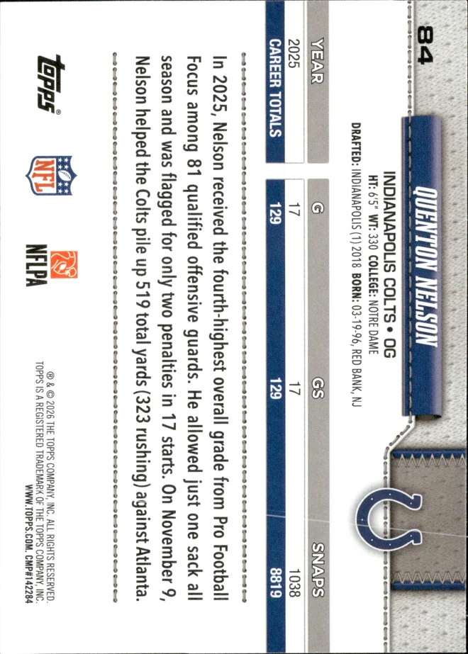 Quenton Nelson card back