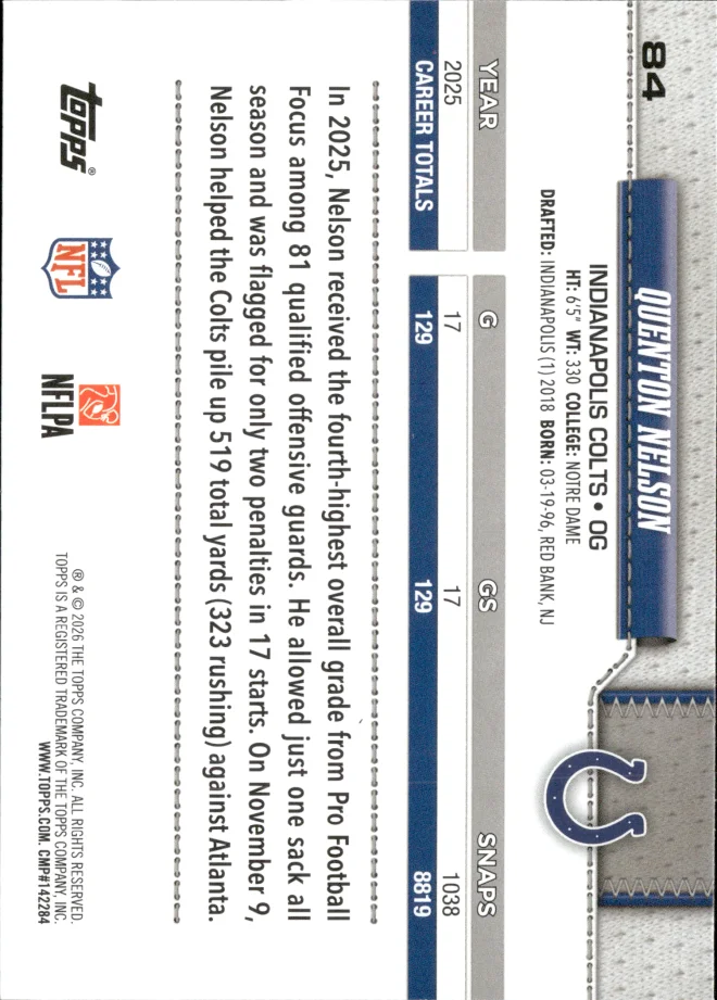 Quenton Nelson card back