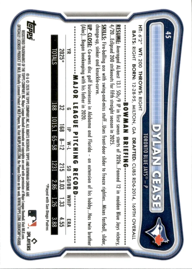 Dylan Cease card back