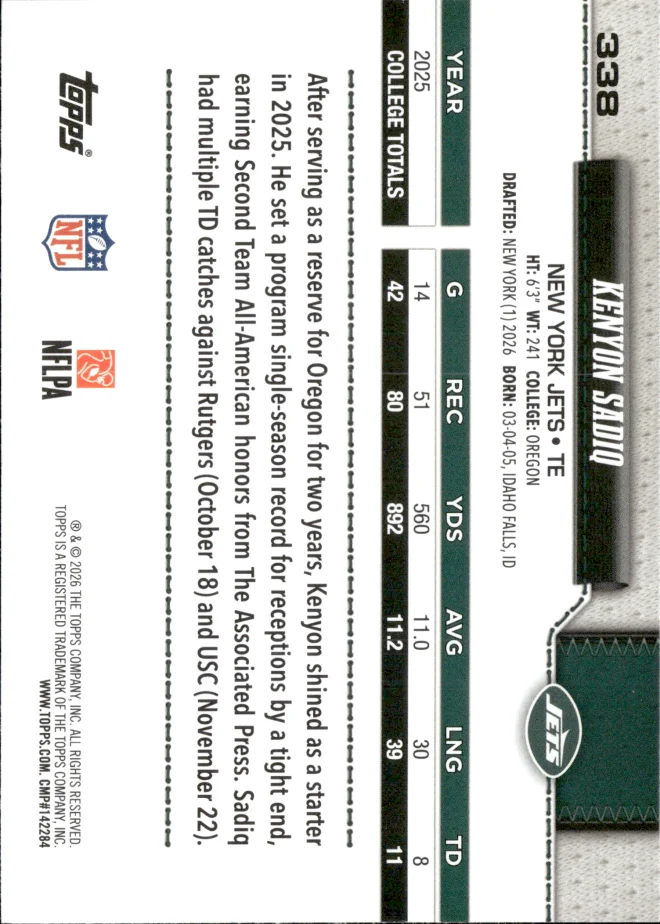 Kenyon Sadiq card back