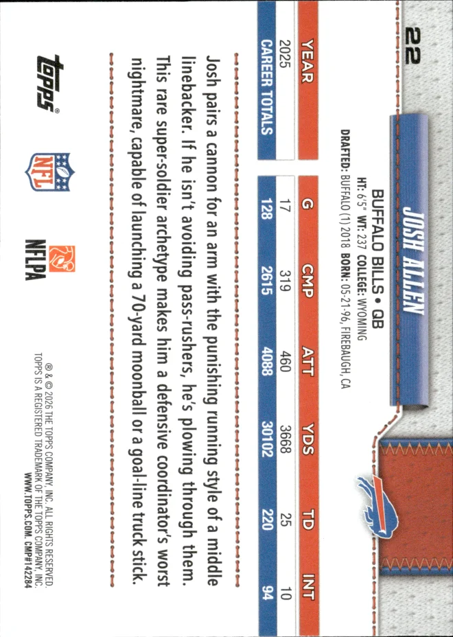 Josh Allen card back