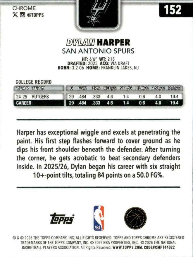 Dylan Harper card back