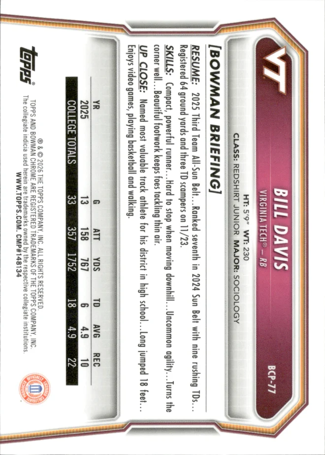 Bill Davis card back