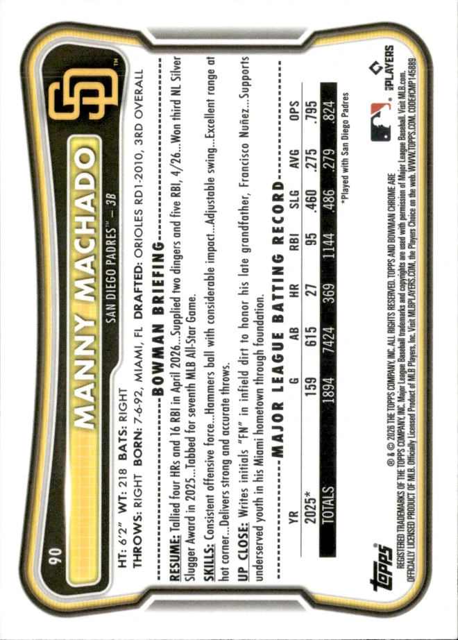 Manny Machado card back