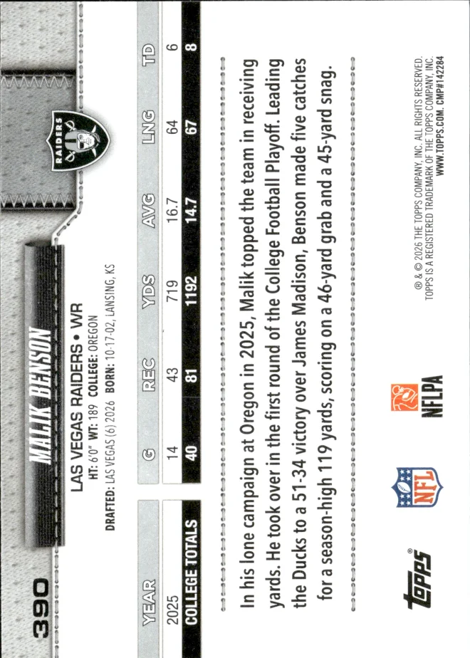 Malik Benson card back
