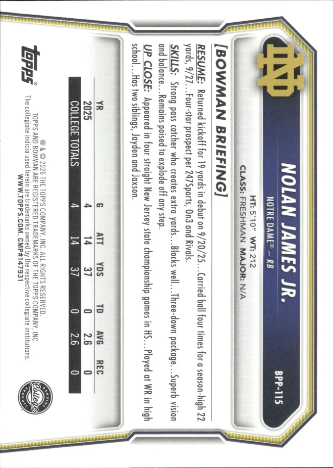 Nolan James Jr. card back