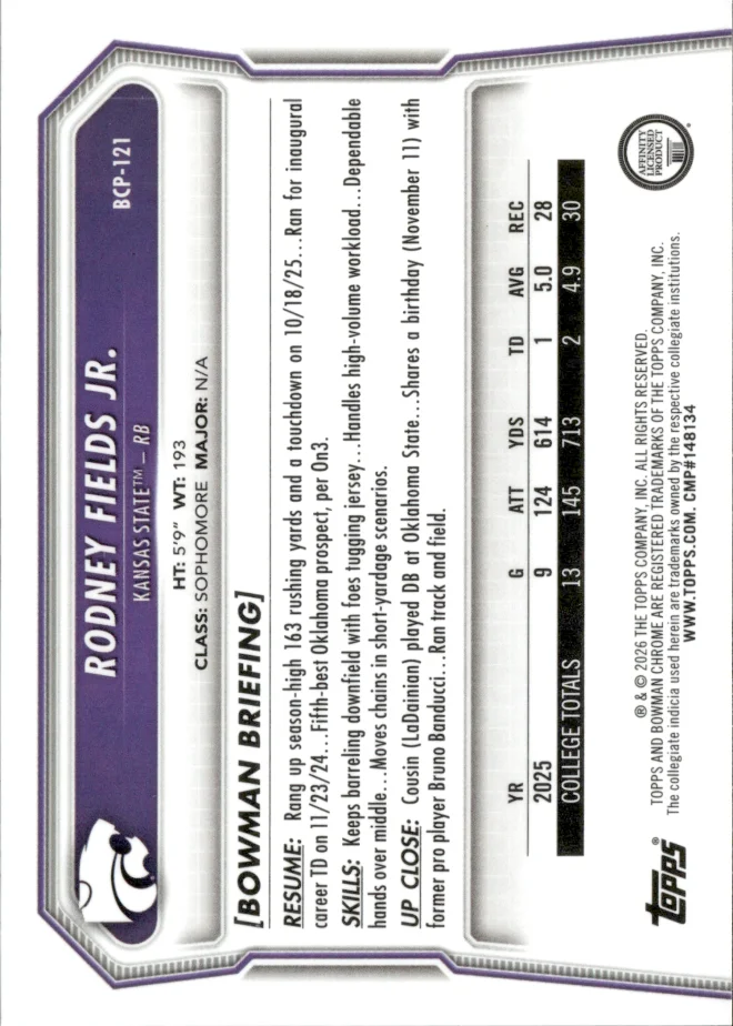 Rodney Fields Jr. card back