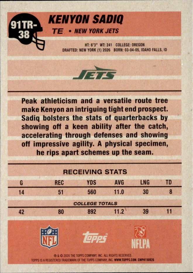 Kenyon Sadiq card back