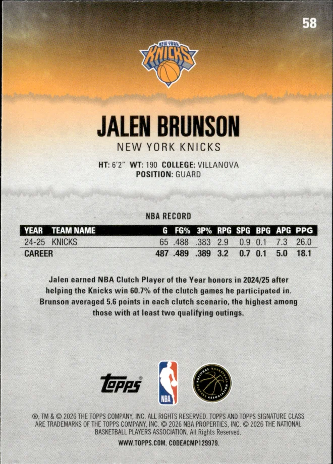 Jalen Brunson card back