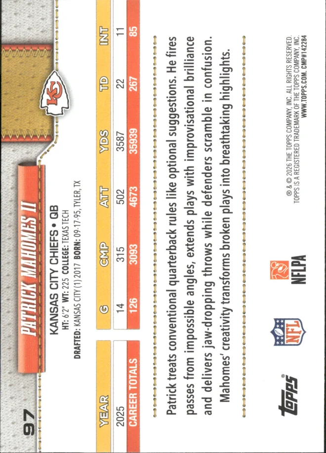 Patrick Mahomes II card back