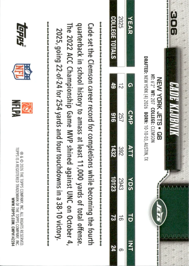 Cade Klubnik card back