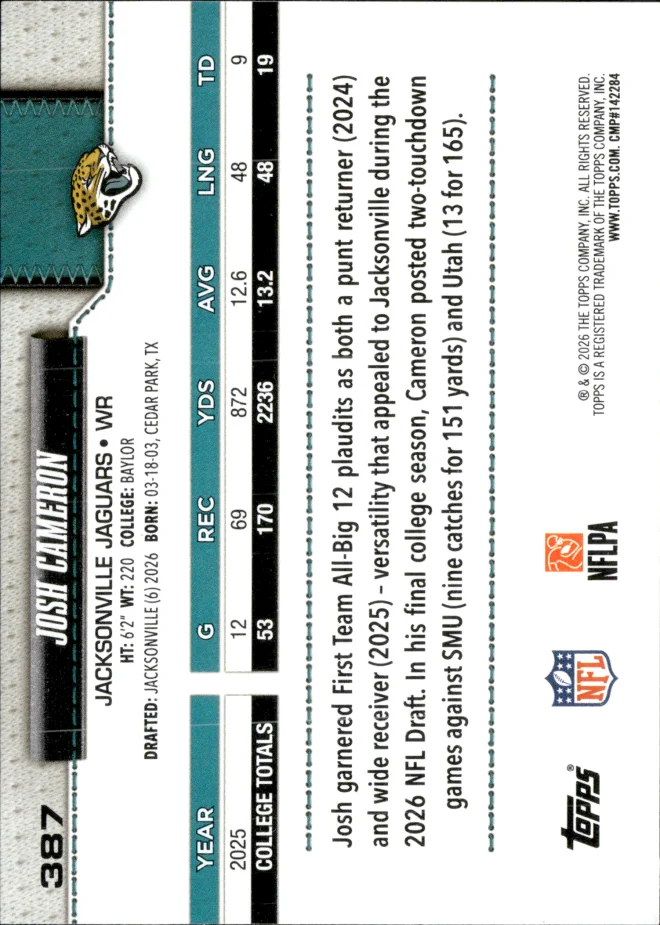 Josh Cameron card back