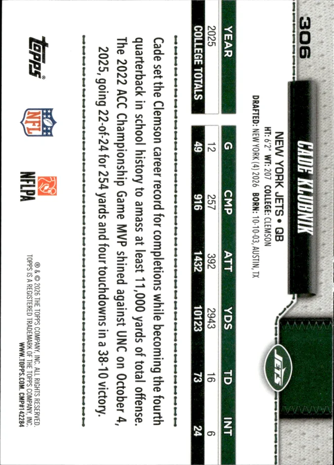 Cade Klubnik card back