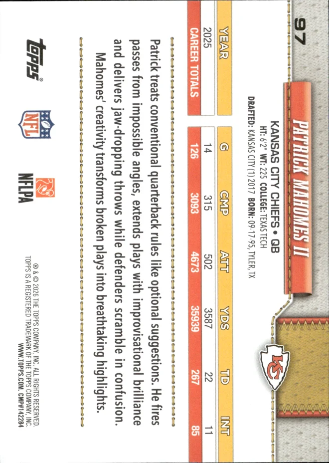 Patrick Mahomes II card back