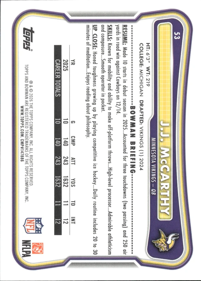 J.J. McCarthy card back