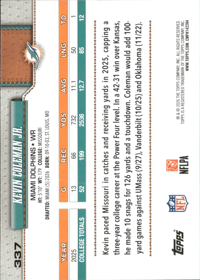 Kevin Coleman Jr. card back