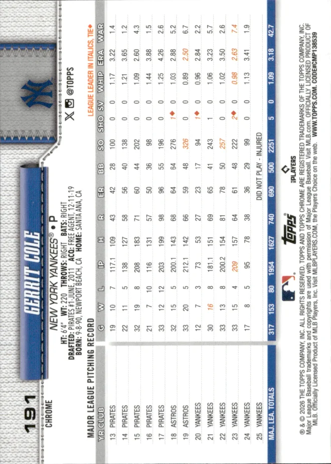 Gerrit Cole card back