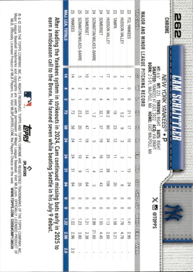 Cam Schlittler card back
