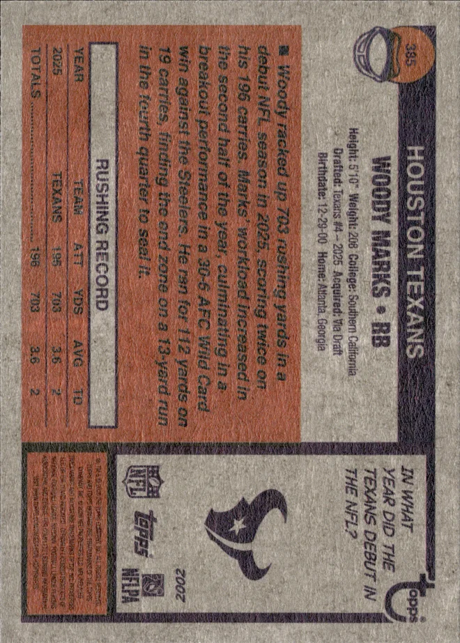 Woody Marks card back
