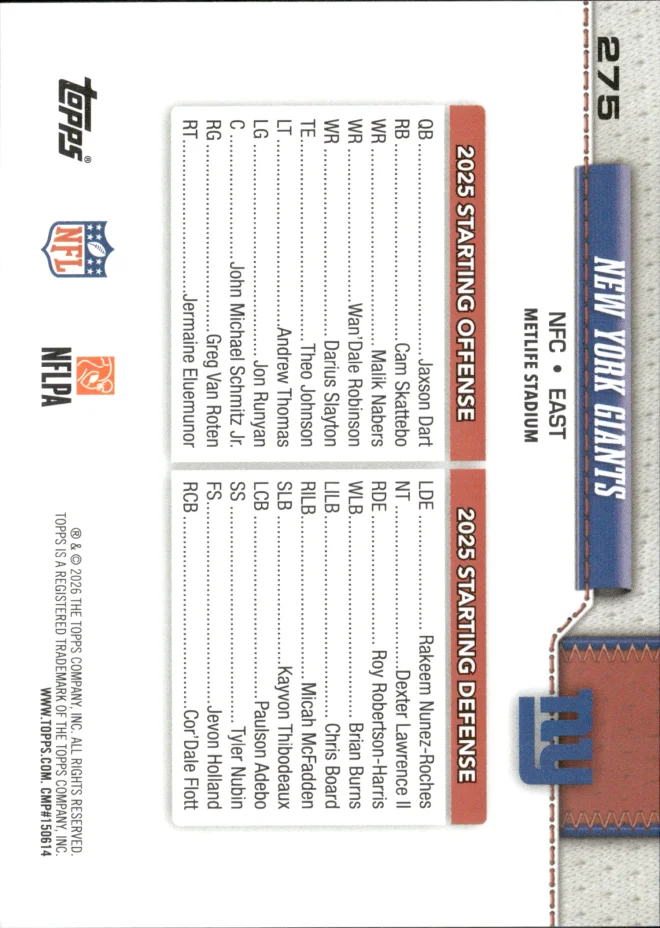 New York Giants card back