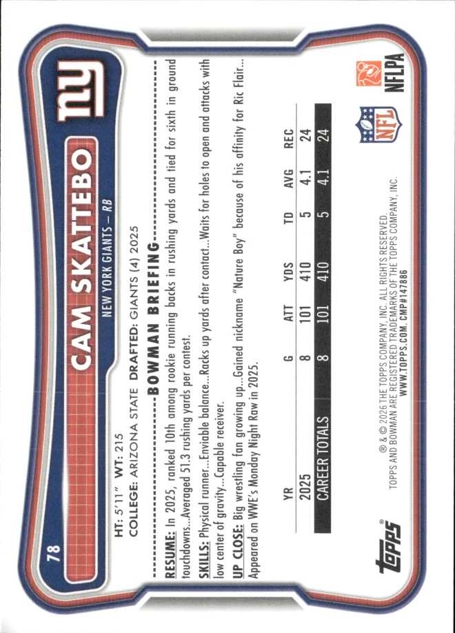 Cam Skattebo card back
