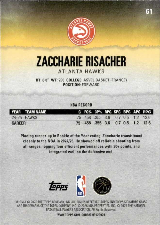Zaccharie Risacher card back