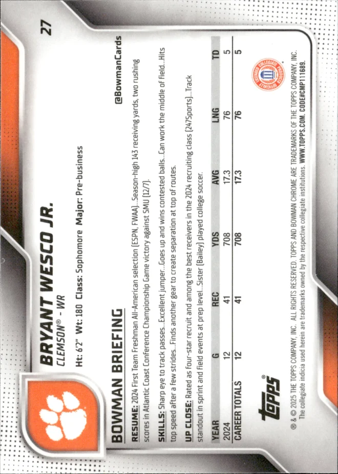 Bryant Wesco Jr. card back