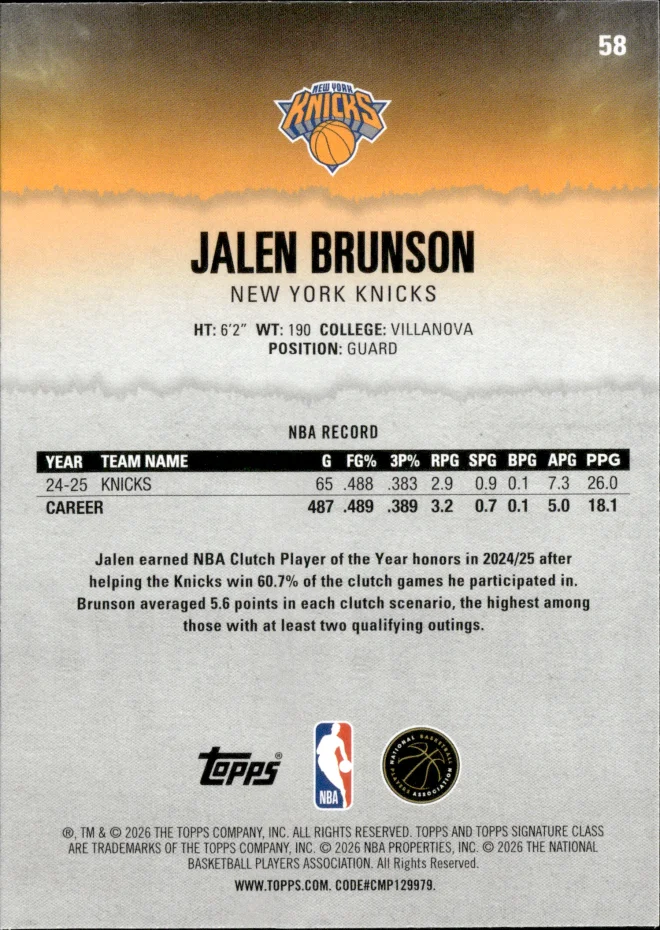 Jalen Brunson card back