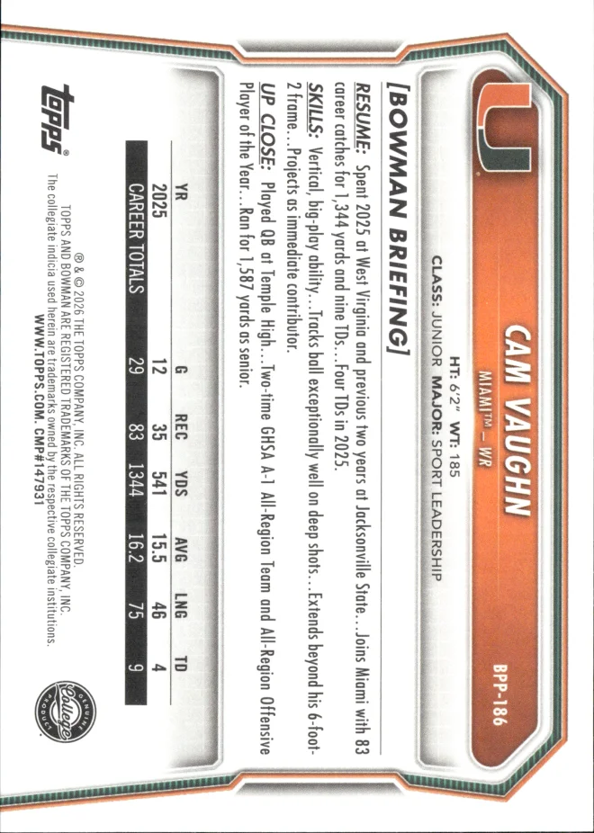 Cam Vaughn card back