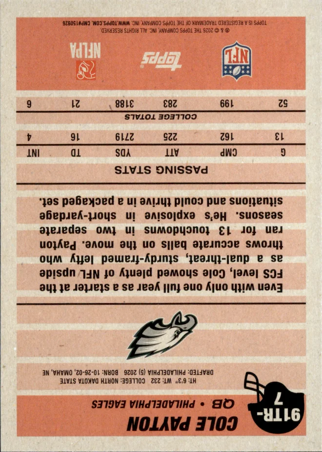 Cole Payton card back