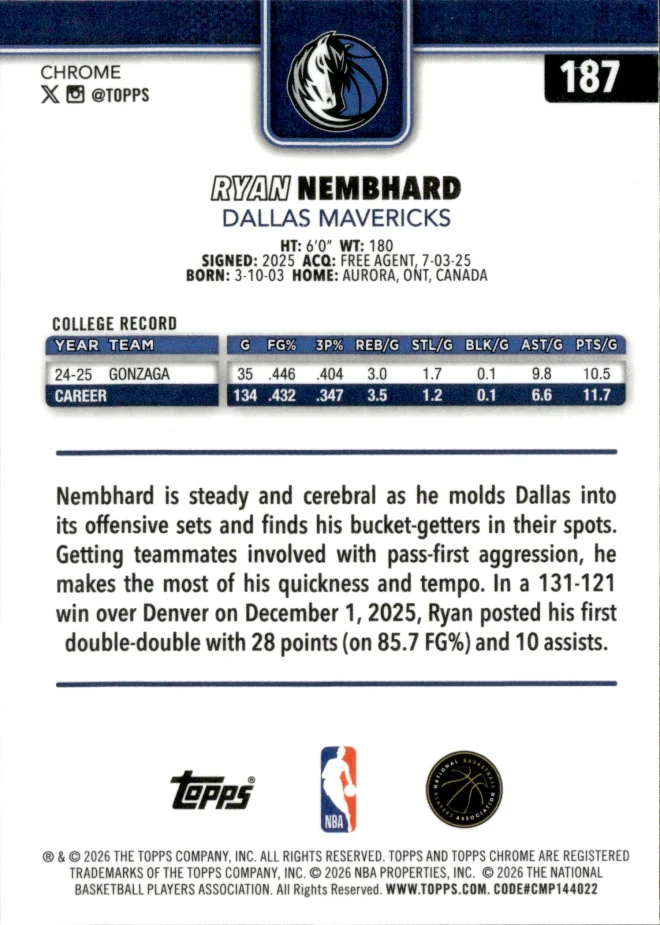 Ryan Nembhard card back