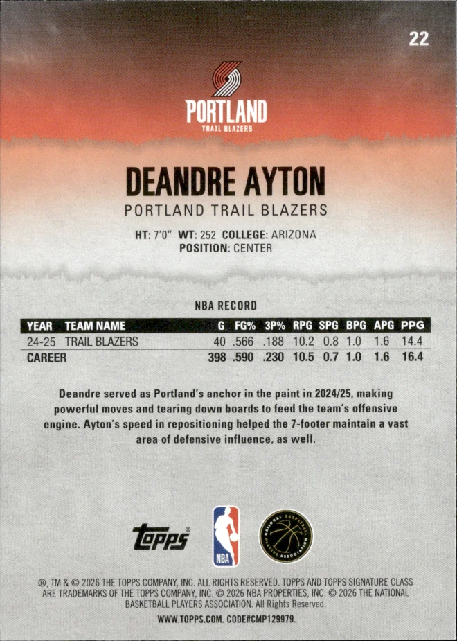 Deandre Ayton card back