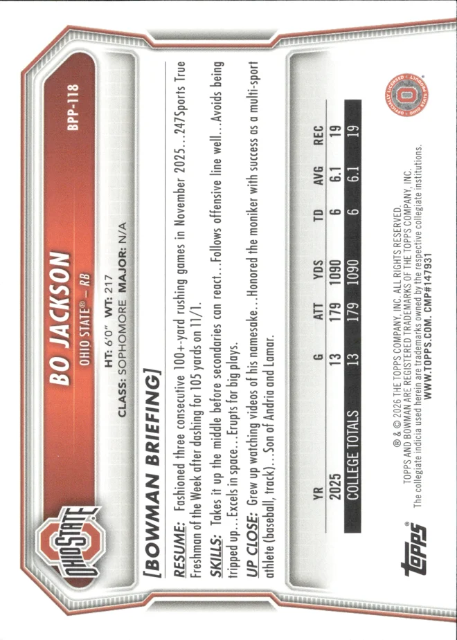 Bo Jackson card back