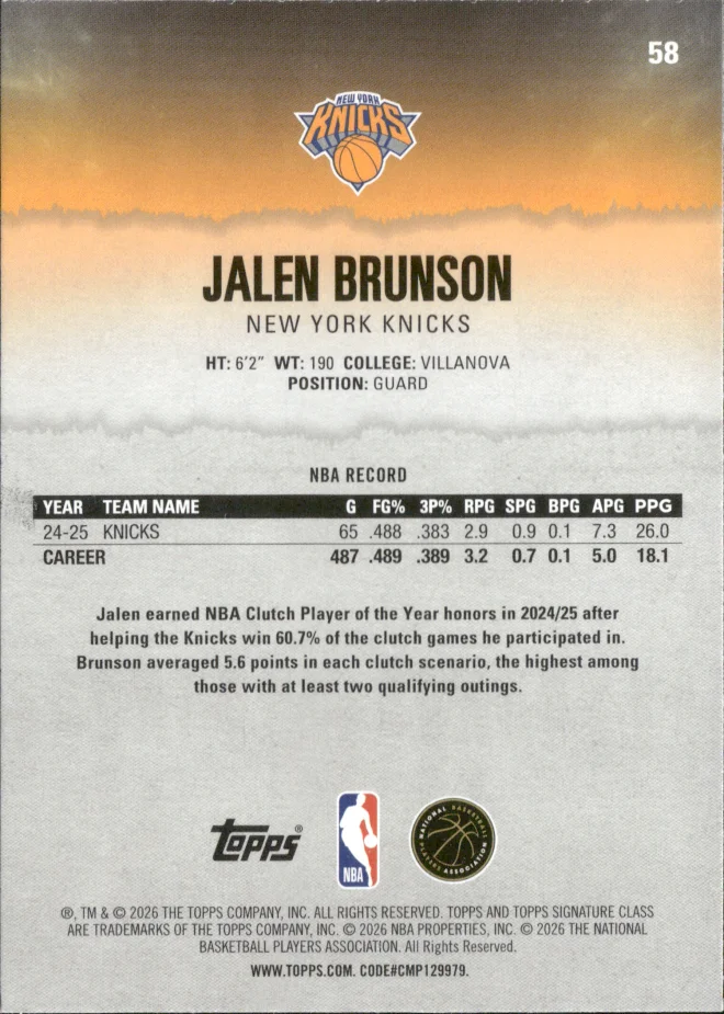 Jalen Brunson card back