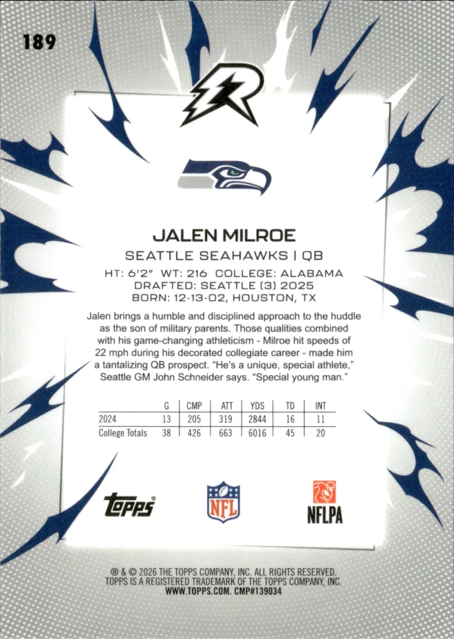 Jalen Milroe card back