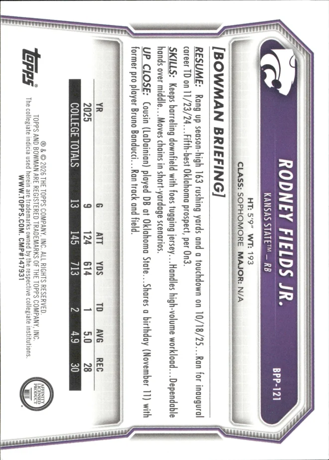 Rodney Fields Jr. card back