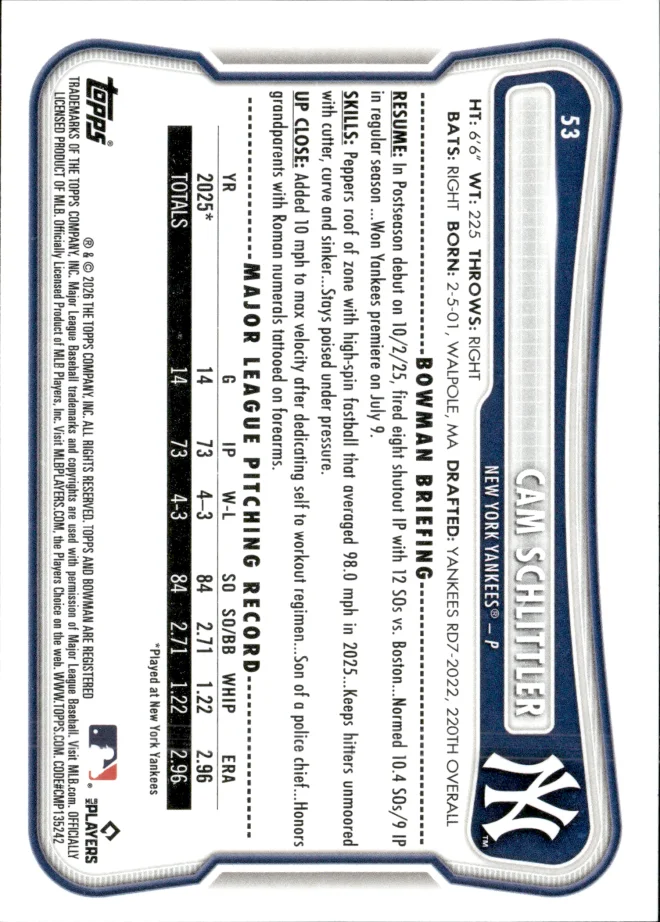 Cam Schlittler card back