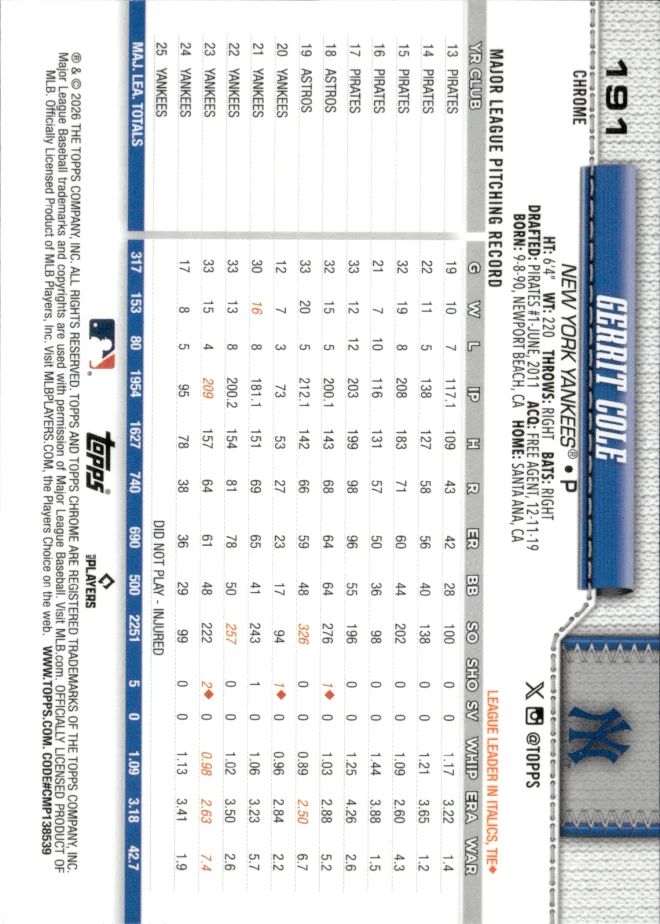 Gerrit Cole card back