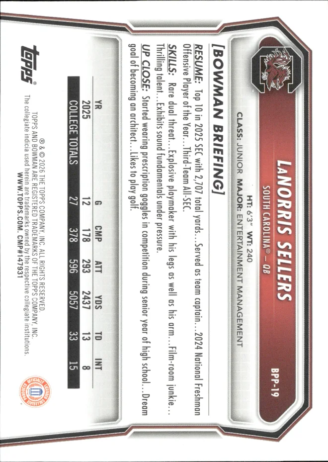 LaNorris Sellers card back