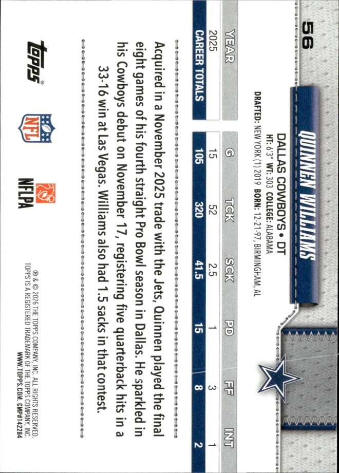 Quinnen Williams card back