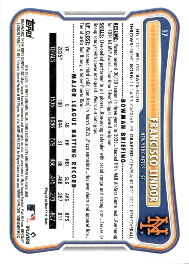 Francisco Lindor card back