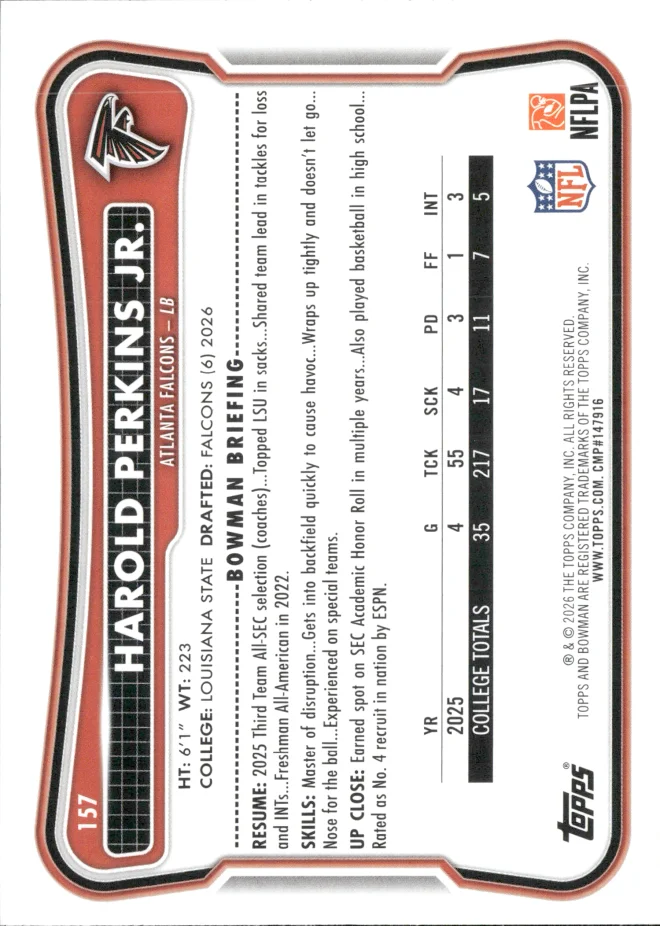 Harold Perkins Jr. card back