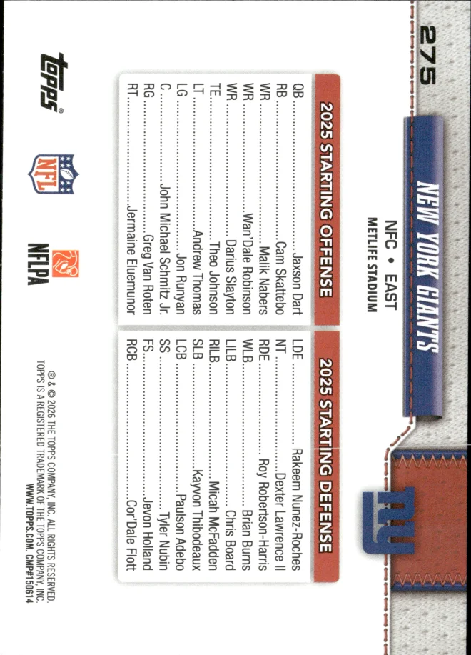 New York Giants card back