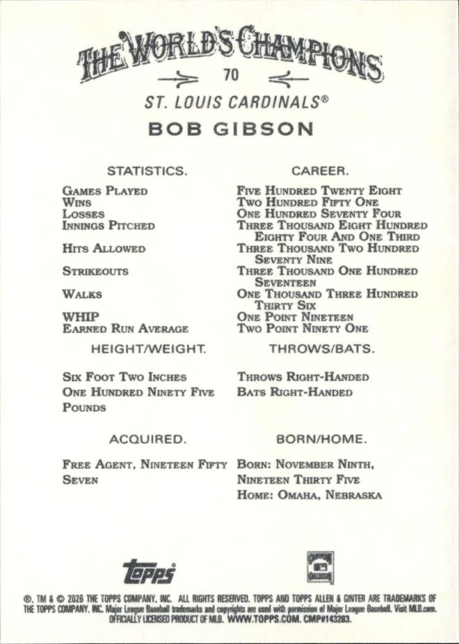 Bob Gibson card back